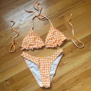 Orange Gingham Ruffle Triangle Bikini Set